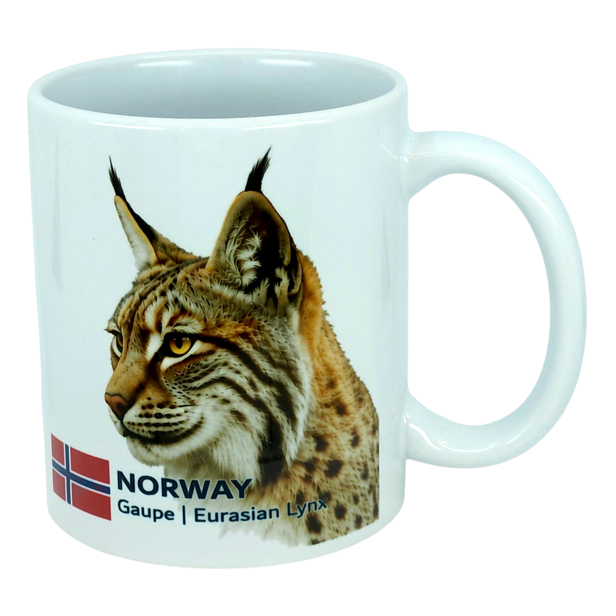 Enjoy your favorite beverage with the Mug: Norway National Animal Eurasian Lynx Ceramic Mug (11 oz) by Nordic Wholesale. This white ceramic mug features a detailed illustration of the Eurasian lynx, complete with tufted ears and a spotted coat, alongside the Norwegian flag and the text “NORWAY Gaupe | Eurasian Lynx." An ideal tribute to Norway's natural heritage, this mug is perfect for anyone who loves Norwegian wildlife.