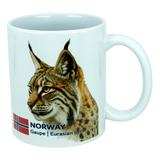 Enjoy your favorite beverage with the Mug: Norway National Animal Eurasian Lynx Ceramic Mug (11 oz) by Nordic Wholesale. This white ceramic mug features a detailed illustration of the Eurasian lynx, complete with tufted ears and a spotted coat, alongside the Norwegian flag and the text “NORWAY Gaupe | Eurasian Lynx." An ideal tribute to Norway's natural heritage, this mug is perfect for anyone who loves Norwegian wildlife.