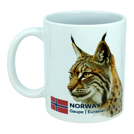 Introducing the Nordic Wholesale Mug: Norway National Animal Eurasian Lynx Ceramic Mug (11 oz)—a white ceramic mug showcasing an illustrated Eurasian lynx, Norway’s flag, and the text “NORWAY Gaupe | Eurasian Lynx” on the side. This mug is a perfect tribute to Norwegian wildlife and Nordic culture.
