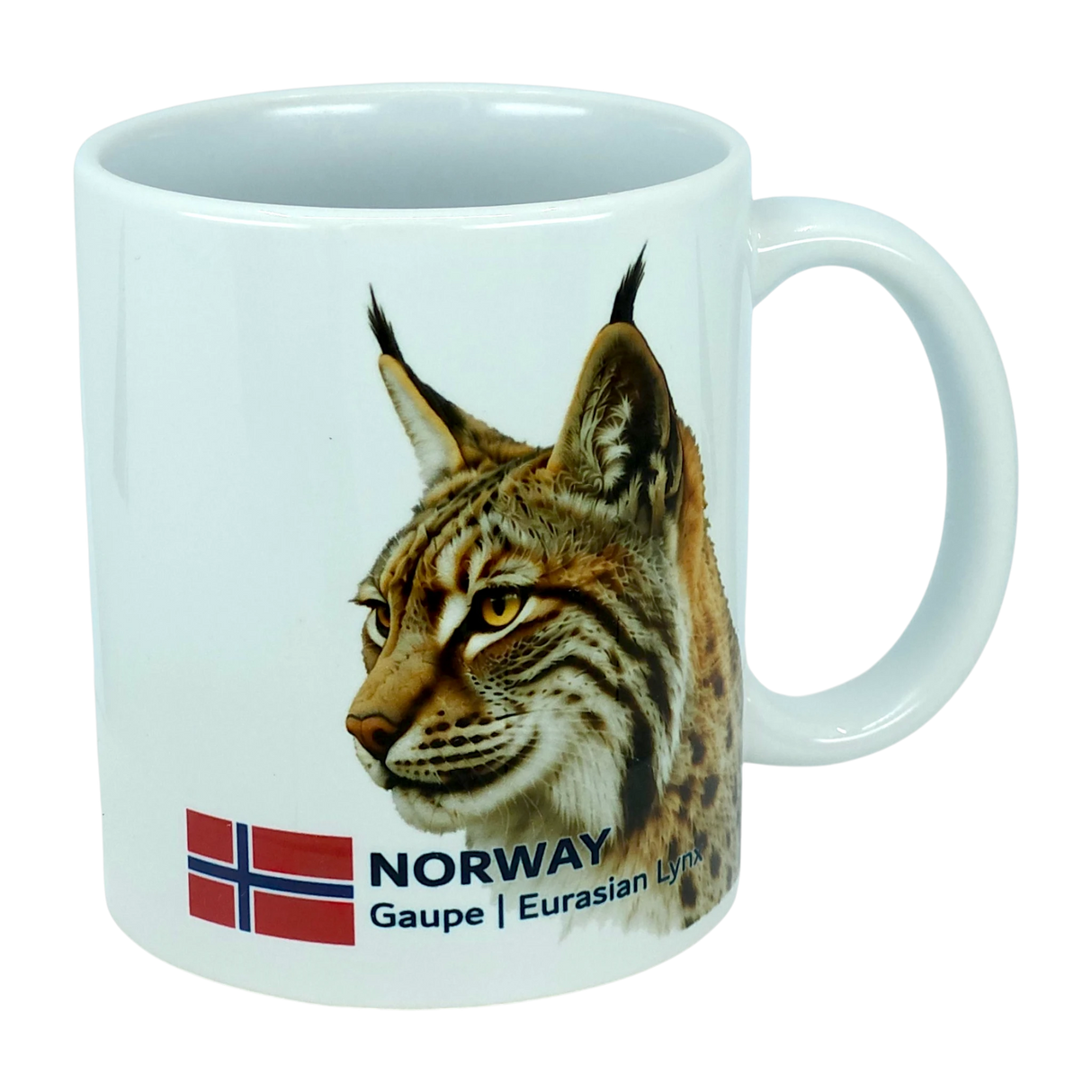 The Mug: Norway National Animal Eurasian Lynx Ceramic Mug (11 oz) by Nordic Wholesale is a white mug featuring the head of a Eurasian lynx, the Norwegian flag, and the text "NORWAY Gaupe | Eurasian Lynx"—a unique ceramic mug celebrating Norwegian wildlife and Nordic culture.