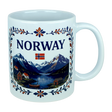 The Nordic Wholesale Mug: Norway Fjord Mountain Ceramic Mug (11 oz Capacity) features the word "NORWAY" and a Norwegian flag above a scenic illustration of mountains, water, boats, and houses, all framed by blue and orange floral patterns inspired by traditional rosemaling. This ceramic mug beautifully celebrates Norwegian heritage with its intricate design.