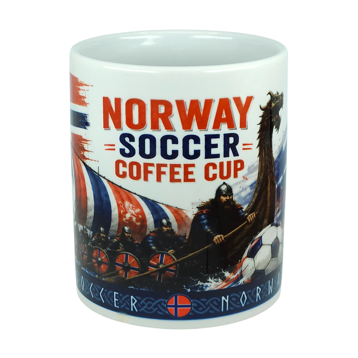 Introducing the Norway Soccer Coffee Cup Mug – Viking Longship Fan Mug by Swedish Gift Store. This white ceramic mug showcases "Norway Soccer Coffee Cup" printed in bold red and blue lettering, complemented by dynamic illustrations of Viking ships, mighty Vikings, and a soccer ball. Along the bottom, Norwegian flag designs add an authentic touch. Perfect for fans who celebrate both tradition and sport, this unique mug is a true tribute to Norway’s soccer passion with a distinctive Viking flair.