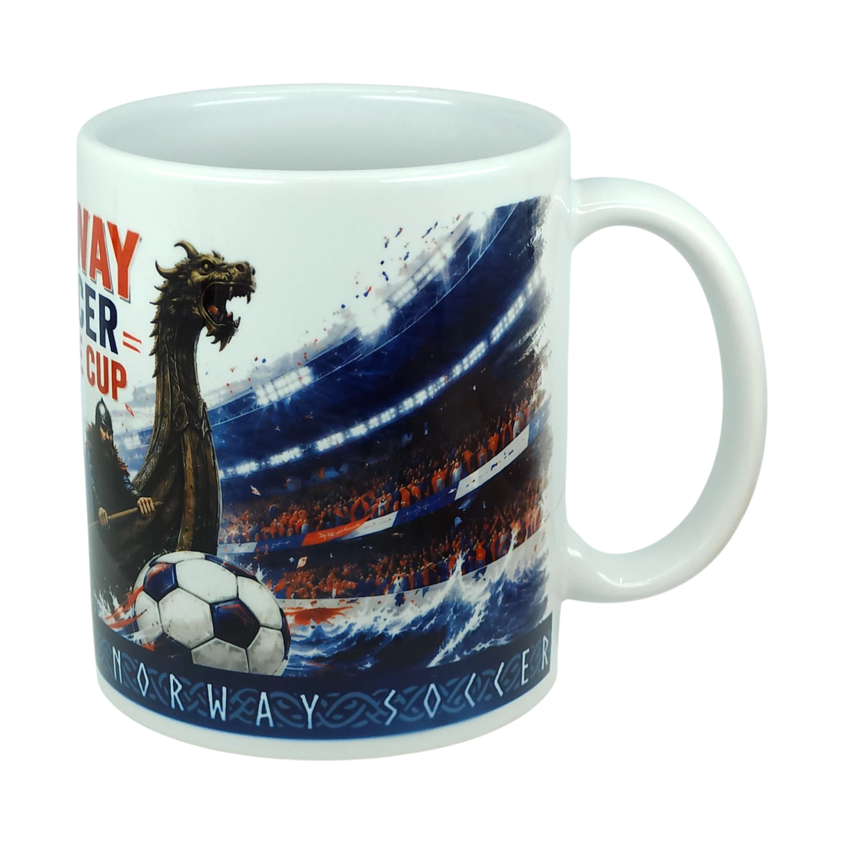 Introducing the Norway Soccer Coffee Cup Mug – Viking Longship Fan Mug by Swedish Gift Store. This white mug showcases a detailed Viking longship, a prominent soccer ball, and a stadium filled with cheering fans. The words “Norway Soccer” appear along the bottom edge, making it the perfect cup for displaying your Norwegian soccer pride as you enjoy your favorite drink.