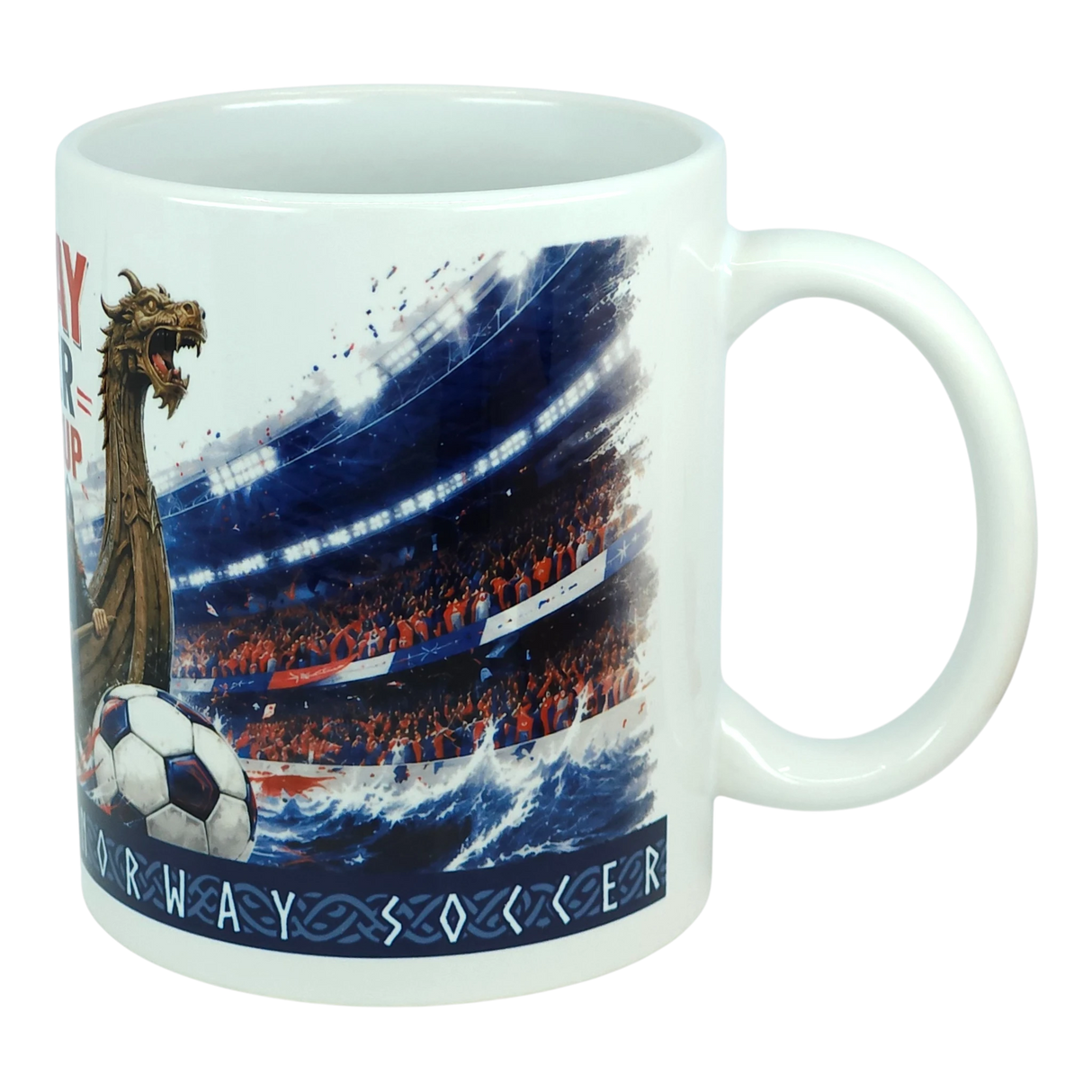 Introducing the Norway Soccer Coffee Cup Mug – Viking Longship Fan Mug by Nordic Wholesale. This white mug showcases a striking Viking longship with a dragon head, a soccer ball, ocean waves, and a lively stadium crowd. At the bottom, bold decorative text spells out NORWAY SOCCER in a unique font. The ideal Norwegian gift or Viking coffee cup for anyone eager to celebrate their passion for both football and history!.