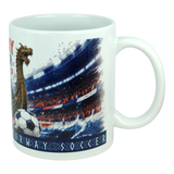 Introducing the Norway Soccer Coffee Cup Mug – Viking Longship Fan Mug by Nordic Wholesale. This white mug showcases a striking Viking longship with a dragon head, a soccer ball, ocean waves, and a lively stadium crowd. At the bottom, bold decorative text spells out NORWAY SOCCER in a unique font. The ideal Norwegian gift or Viking coffee cup for anyone eager to celebrate their passion for both football and history!.