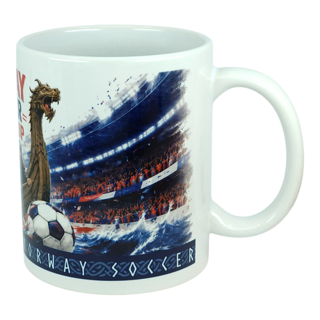 Introducing the Norway Soccer Coffee Cup Mug – Viking Longship Fan Mug by Nordic Wholesale. This white mug showcases a striking Viking longship with a dragon head, a soccer ball, ocean waves, and a lively stadium crowd. At the bottom, bold decorative text spells out NORWAY SOCCER in a unique font. The ideal Norwegian gift or Viking coffee cup for anyone eager to celebrate their passion for both football and history!.