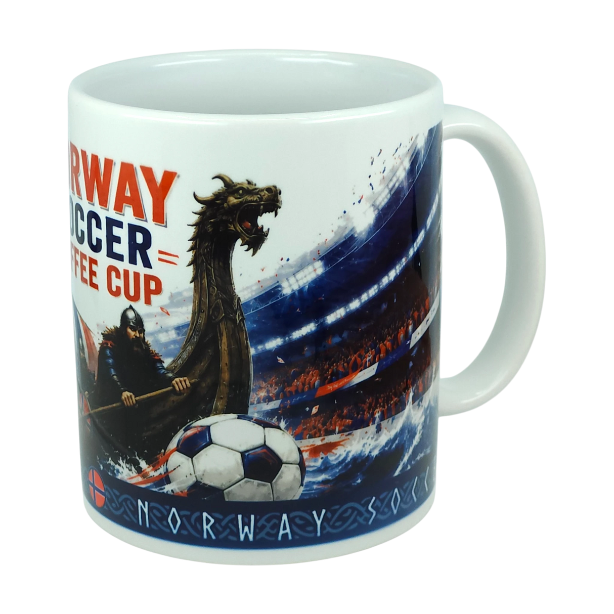 The Mug: Norway Soccer Ceramic Coffee Mug (11 oz) by Swedish Gift Store is a white ceramic coffee mug decorated with a Viking ship featuring a dragon head sailing on water, a Viking holding an oar, a soccer ball, and a stadium filled with cheering fans. Bold red and blue text reads "NORWAY SOCCER COFFEE CUP," making it the perfect gift for any Norwegian soccer fan or supporter of Norwegian athletics.