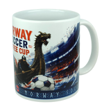 The Mug: Norway Soccer Ceramic Coffee Mug (11 oz) by Swedish Gift Store is a white ceramic coffee mug decorated with a Viking ship featuring a dragon head sailing on water, a Viking holding an oar, a soccer ball, and a stadium filled with cheering fans. Bold red and blue text reads "NORWAY SOCCER COFFEE CUP," making it the perfect gift for any Norwegian soccer fan or supporter of Norwegian athletics.
