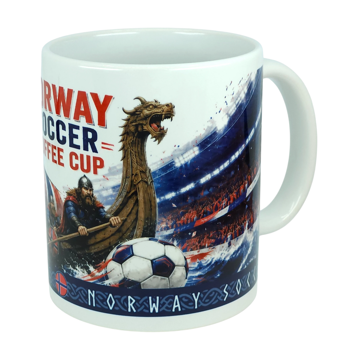Celebrate your love for soccer and Norwegian heritage with the Norway Soccer Coffee Cup Mug – Viking Longship Fan Mug from Nordic Wholesale. This white mug showcases a detailed Viking ship, a Viking, and a soccer ball sailing on water, with a vibrant stadium and lively crowd in the background. The text “Norway Soccer Coffee Cup” is displayed above decorative Norwegian patterns at the base, making this unique Viking coffee cup an ideal gift for fans or a standout addition to any Norwegian collection.