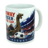 Celebrate your love for soccer and Norwegian heritage with the Norway Soccer Coffee Cup Mug – Viking Longship Fan Mug from Nordic Wholesale. This white mug showcases a detailed Viking ship, a Viking, and a soccer ball sailing on water, with a vibrant stadium and lively crowd in the background. The text “Norway Soccer Coffee Cup” is displayed above decorative Norwegian patterns at the base, making this unique Viking coffee cup an ideal gift for fans or a standout addition to any Norwegian collection.