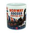 A vibrant Norway Soccer Coffee Cup Mug – Viking Longship Fan Mug by Swedish Gift Store, featuring bold “NORWAY SOCCER COFFEE CUP” lettering and a colorful wrap-around design with Viking ships, warriors, Norwegian flags, and a soccer ball.