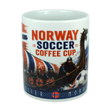 A vibrant Norway Soccer Coffee Cup Mug – Viking Longship Fan Mug by Swedish Gift Store, featuring bold “NORWAY SOCCER COFFEE CUP” lettering and a colorful wrap-around design with Viking ships, warriors, Norwegian flags, and a soccer ball.