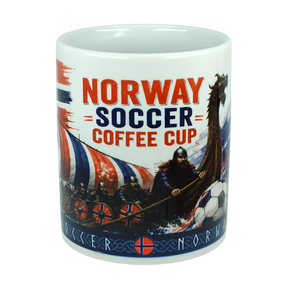 A vibrant Norway Soccer Coffee Cup Mug – Viking Longship Fan Mug by Swedish Gift Store, featuring bold “NORWAY SOCCER COFFEE CUP” lettering and a colorful wrap-around design with Viking ships, warriors, Norwegian flags, and a soccer ball.