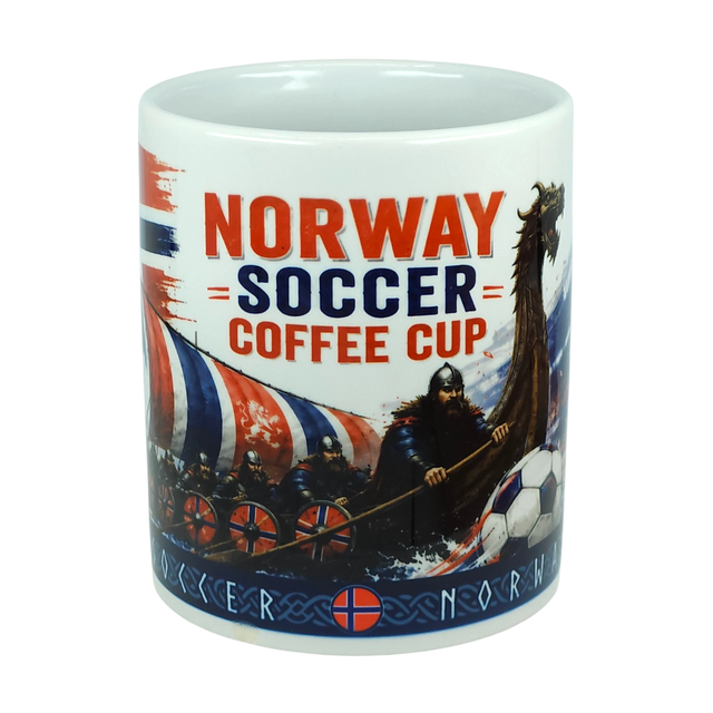 A vibrant Norway Soccer Coffee Cup Mug – Viking Longship Fan Mug by Swedish Gift Store, featuring bold “NORWAY SOCCER COFFEE CUP” lettering and a colorful wrap-around design with Viking ships, warriors, Norwegian flags, and a soccer ball.