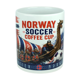 Start your day with the Norway Soccer Coffee Cup Mug – Viking Longship Fan Mug from Nordic Wholesale. This unique mug showcases Vikings rowing a longship with a soccer ball in front, accented by Norwegian flag colors and bold red and blue "Norway Soccer Coffee Cup" text. It's the perfect gift for fans who appreciate both Norwegian heritage and soccer—a standout Norway soccer mug or thoughtful present for any history-loving sports enthusiast.