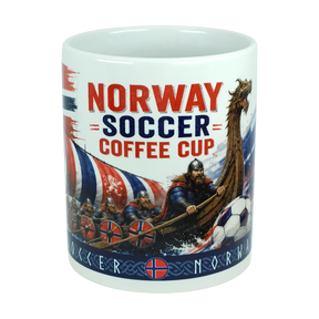 Start your day with the Norway Soccer Coffee Cup Mug – Viking Longship Fan Mug from Nordic Wholesale. This unique mug showcases Vikings rowing a longship with a soccer ball in front, accented by Norwegian flag colors and bold red and blue "Norway Soccer Coffee Cup" text. It's the perfect gift for fans who appreciate both Norwegian heritage and soccer—a standout Norway soccer mug or thoughtful present for any history-loving sports enthusiast.