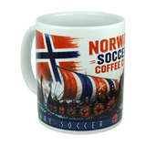 A white Norway Soccer Coffee Cup Mug by Swedish Gift Store, showcasing a vibrant Norwegian flag, a bold red and blue Viking longship design, and partial "NORWAY SOCCER COFFEE" text on a clean white background—perfect for fans.