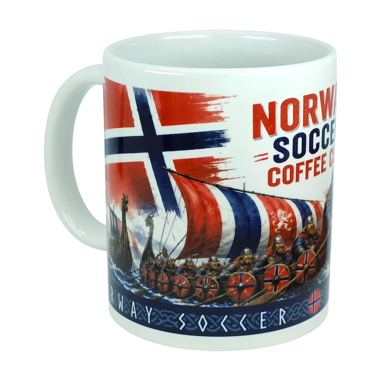 Introducing the Norway Soccer Coffee Cup Mug – Viking Longship Fan Mug by Nordic Wholesale, a white mug adorned with a Norwegian flag, Viking ships with shields and warriors, and the bold red and blue text "Norway Soccer Coffee Club." This eye-catching Norway soccer mug makes an ideal Norwegian gift or Viking coffee cup for fans passionate about both football and Nordic heritage.