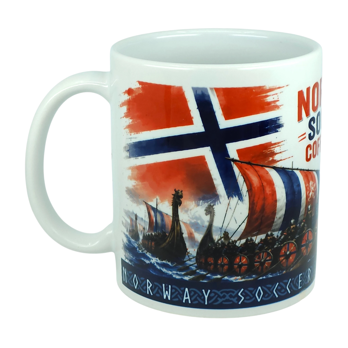 The Norway Soccer Coffee Cup Mug – Viking Longship Fan Mug by Swedish Gift Store features the Norwegian flag, Viking longships with distinctive striped sails, and bold "NORWAY SOCCER" text. This unique mug is ideal for fans who cherish both Norway’s Viking heritage and contemporary soccer.
