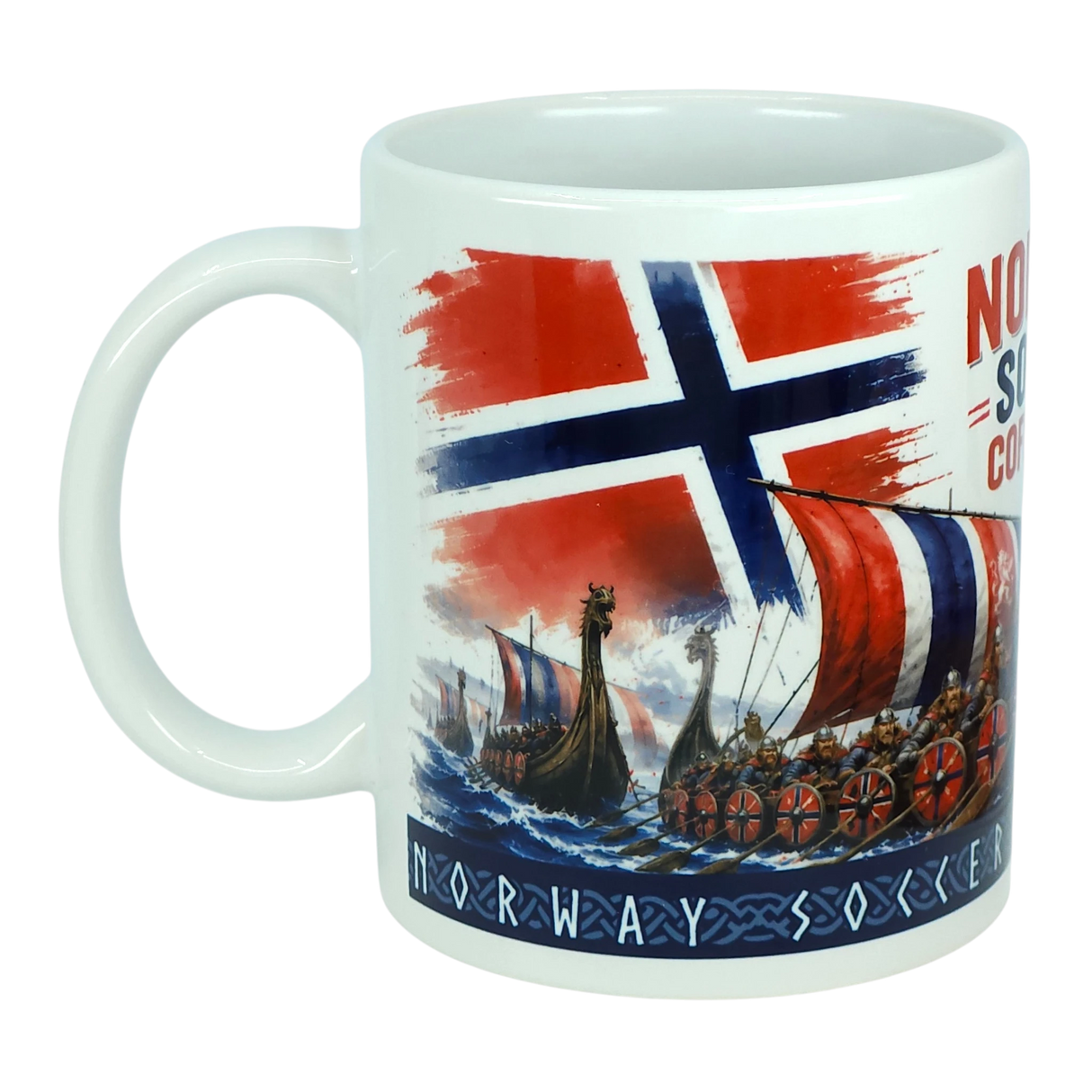 Enjoy your morning coffee with the Norway Soccer Coffee Cup Mug – Viking Longship Fan Mug by Nordic Wholesale. This white mug showcases a striking Norwegian flag and Viking longships with shields sailing on the water, with “Norway Soccer” printed along the bottom. The perfect gift for fans of Norwegian soccer or anyone who appreciates a classic Viking-themed coffee cup design.