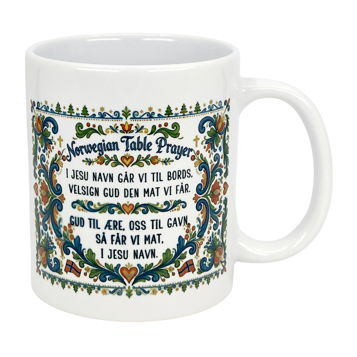 The Nordic Wholesale Mug: Norwegian Table Prayer Ceramic Rosemaling Mug (11 oz) features colorful floral patterns and the Norwegian Table Prayer in both Norwegian and English—an ideal gift for celebrating Norwegian heritage.