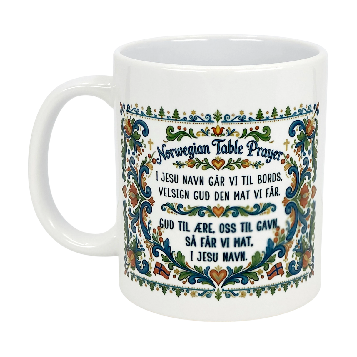 The Nordic Wholesale Mug: Norwegian Table Prayer Ceramic Rosemaling Mug (11 oz) features vibrant Norwegian folk art and the Table Prayer in English and Norwegian—a meaningful heritage gift.