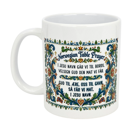 The Nordic Wholesale Mug: Norwegian Table Prayer Ceramic Rosemaling Mug (11 oz) features vibrant Norwegian folk art and the Table Prayer in English and Norwegian—a meaningful heritage gift.