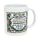 The Nordic Wholesale Mug: Norwegian Table Prayer Ceramic Rosemaling Mug (11 oz) features colorful floral patterns, Norwegian flags, and the Table Prayer in Norwegian—an ideal gift celebrating unique Norwegian heritage.