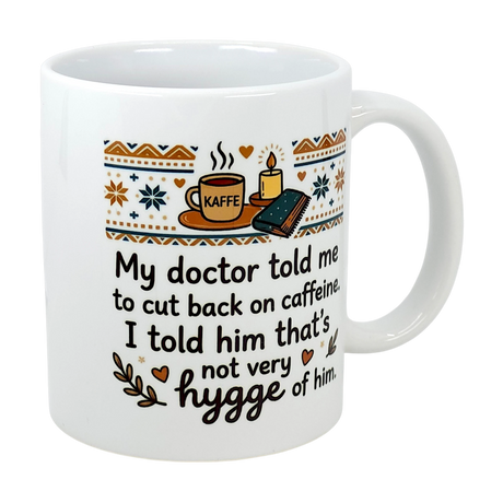 Enjoy your morning brew with the "Not Very Hygge" Coffee Mug (11 oz) from Swedish Gift Store, featuring cozy Nordic patterns and playful Scandinavian humor about cutting back on caffeine.