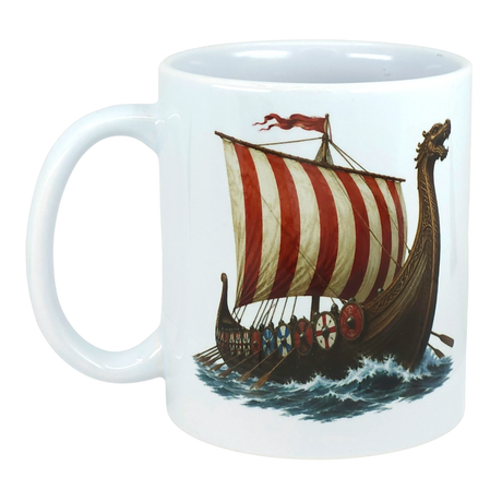 Ceramic mug with an illustration of a Viking longship, red-and-white sail, shields along the side, and stylized waves beneath.