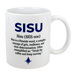The Nordic Wholesalers 11 oz Sisu Finnish Word Definition Ceramic Mug features 'SISU' in bold blue, its pronunciation, and defines it as Finnish for grit, resilience, and determination—perfect for your coffee break.