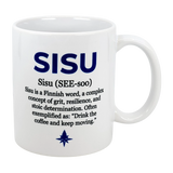 The Nordic Wholesalers 11 oz Sisu Finnish Word Definition Ceramic Mug features 'SISU' in bold blue, its pronunciation, and defines it as Finnish for grit, resilience, and determination—perfect for your coffee break.