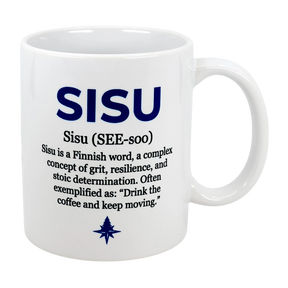 The Nordic Wholesalers 11 oz Sisu Finnish Word Definition Ceramic Mug features 'SISU' in bold blue, its pronunciation, and defines it as Finnish for grit, resilience, and determination—perfect for your coffee break.