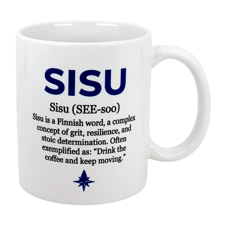 The Mug: Sisu Finnish Word Definition Ceramic Mug (11 oz) from Swedish Gift Store features bold blue "SISU" lettering, pronunciation, and a definition celebrating Finnish grit—perfect for enjoying your coffee with daily determination.