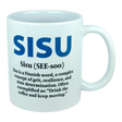 Introducing the Nordic Wholesale Mug: Sisu Finnish Word Definition Ceramic Mug (11 oz)—a white Nordic-style mug featuring blue text that reads “SISU.” Beneath, black lettering defines Sisu as Finnish for grit, resilience, and determination with the phrase: “Drink the coffee and keep moving.” This ceramic mug makes a perfect gift for anyone inspired by strength and perseverance.