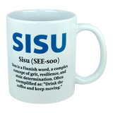 Introducing the Nordic Wholesale Mug: Sisu Finnish Word Definition Ceramic Mug (11 oz)—a white Nordic-style mug featuring blue text that reads “SISU.” Beneath, black lettering defines Sisu as Finnish for grit, resilience, and determination with the phrase: “Drink the coffee and keep moving.” This ceramic mug makes a perfect gift for anyone inspired by strength and perseverance.