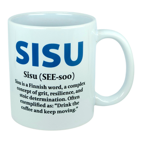 Introducing the Nordic Wholesale Mug: Sisu Finnish Word Definition Ceramic Mug (11 oz)—a white Nordic-style mug featuring blue text that reads “SISU.” Beneath, black lettering defines Sisu as Finnish for grit, resilience, and determination with the phrase: “Drink the coffee and keep moving.” This ceramic mug makes a perfect gift for anyone inspired by strength and perseverance.