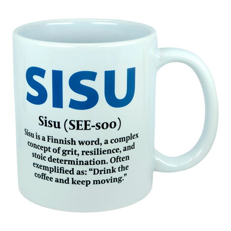 Introducing the Nordic Wholesale Mug: Sisu Finnish Word Definition Ceramic Mug (11 oz)—a white Nordic-style mug featuring blue text that reads “SISU.” Beneath, black lettering defines Sisu as Finnish for grit, resilience, and determination with the phrase: “Drink the coffee and keep moving.” This ceramic mug makes a perfect gift for anyone inspired by strength and perseverance.