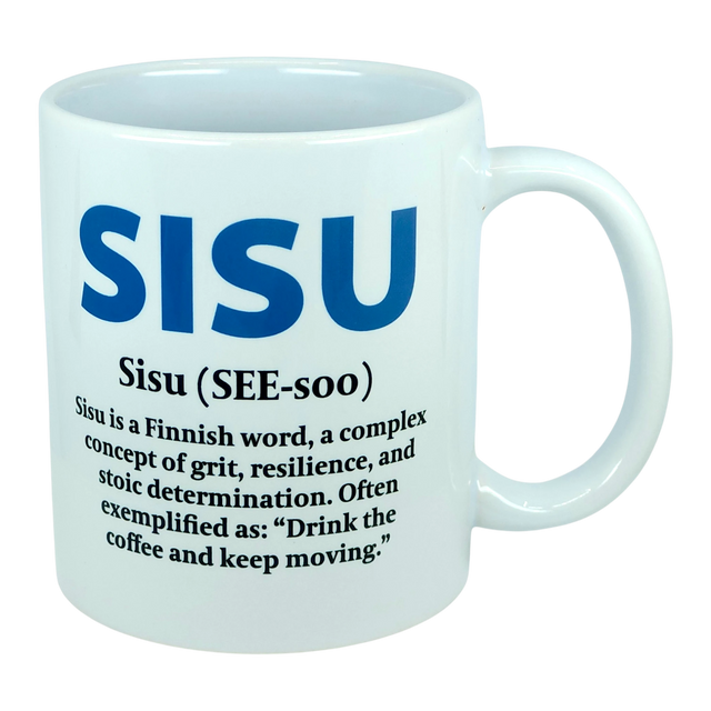 Introducing the Nordic Wholesale Mug: Sisu Finnish Word Definition Ceramic Mug (11 oz)—a white Nordic-style mug featuring blue text that reads “SISU.” Beneath, black lettering defines Sisu as Finnish for grit, resilience, and determination with the phrase: “Drink the coffee and keep moving.” This ceramic mug makes a perfect gift for anyone inspired by strength and perseverance.