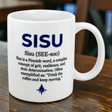 The Nordic Wholesalers 11 oz ceramic mug features blue “sisu”—Finnish for grit, resilience, and determination—pronounced “SEE-soo,” with the example: “Drink the coffee and keep moving.”.