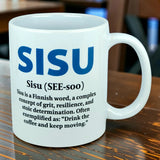 The Nordic Wholesale Mug: Sisu Finnish Word Definition Ceramic Mug (11 oz) is a white mug featuring the definition of "Sisu," a Finnish word meaning grit, resilience, and stoic determination, along with the example: "Drink the coffee and keep moving.