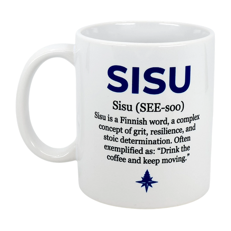 The Swedish Gift Store's Mug: Sisu Finnish Word Definition Ceramic Mug (11 oz) displays ‘SISU’ in bold blue, its pronunciation, and the meaning of Finnish grit—an inspiring Nordic mug for daily motivation.