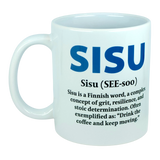 Introducing the Mug: Sisu Finnish Word Definition Ceramic Mug (11 oz) by Nordic Wholesale—a crisp white Finnish mug featuring SISU in bold blue letters, with the meaning of sisu explained below as Finnish grit, resilience, and determination. The mug is finished with an inspiring quote: "Drink the coffee and keep moving." Perfect for anyone who appreciates perseverance with their morning coffee.
