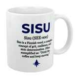 The Nordic Wholesalers Mug: Sisu Finnish Word Definition Ceramic Mug (11 oz) displays "SISU" in bold blue, with its meaning—grit, resilience, and determination—making it a classic Finnish coffee mug for motivation.