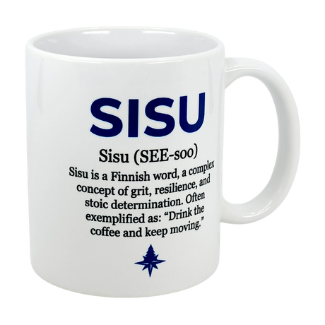 The Swedish Gift Store's Mug: Sisu Finnish Word Definition Ceramic Mug (11 oz) features bold blue lettering, a pronunciation guide, and the meaning of Finnish grit—your perfect Nordic coffee cup for daily inspiration and determination.