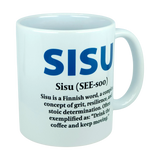 The Mug: Sisu Finnish Word Definition Ceramic Mug (11 oz) from Nordic Wholesale features the word "SISU" boldly printed in large blue letters, accompanied by a definition that highlights sisu as Finnish grit, resilience, and determination. An example about enjoying coffee while staying motivated is included below the definition, making this Nordic mug an ideal choice for anyone who values strength and perseverance in their daily life.
