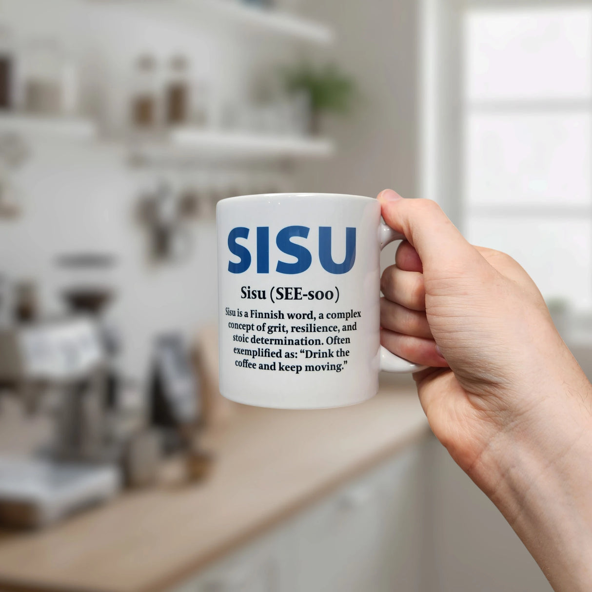 A hand holds the Nordic Wholesale Mug: Sisu Finnish Word Definition Ceramic Mug (11 oz), featuring the word "SISU" and its definition—Finnish grit, resilience, and determination—in a bright modern kitchen with softly blurred shelves in the background.