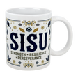 The Nordic Wholesalers Mug: Sisu Strength Resilience Perseverance Ceramic Mug (11 oz) features Nordic patterns, bold SISU lettering, and gold-black accents—making it an ideal Finnish mug for your morning coffee.