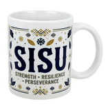 The Nordic Wholesalers Mug: Sisu Strength Resilience Perseverance Ceramic Mug (11 oz) features Nordic patterns, bold SISU lettering, and gold-black accents—making it an ideal Finnish mug for your morning coffee.