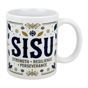 The Nordic Wholesalers Mug: Sisu Strength Resilience Perseverance Ceramic Mug (11 oz) features Nordic patterns, bold SISU lettering, and gold-black accents—making it an ideal Finnish mug for your morning coffee.